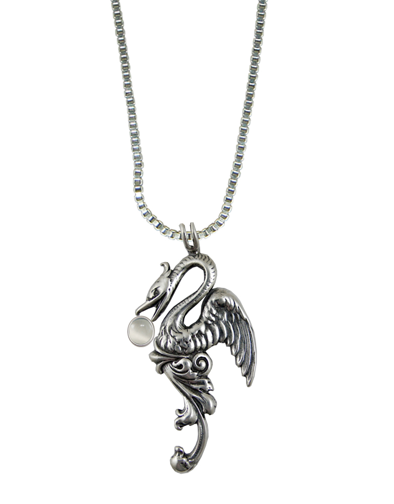 Sterling Silver Medieval Phoenix Sun Bird Pendant With White Moonstone
